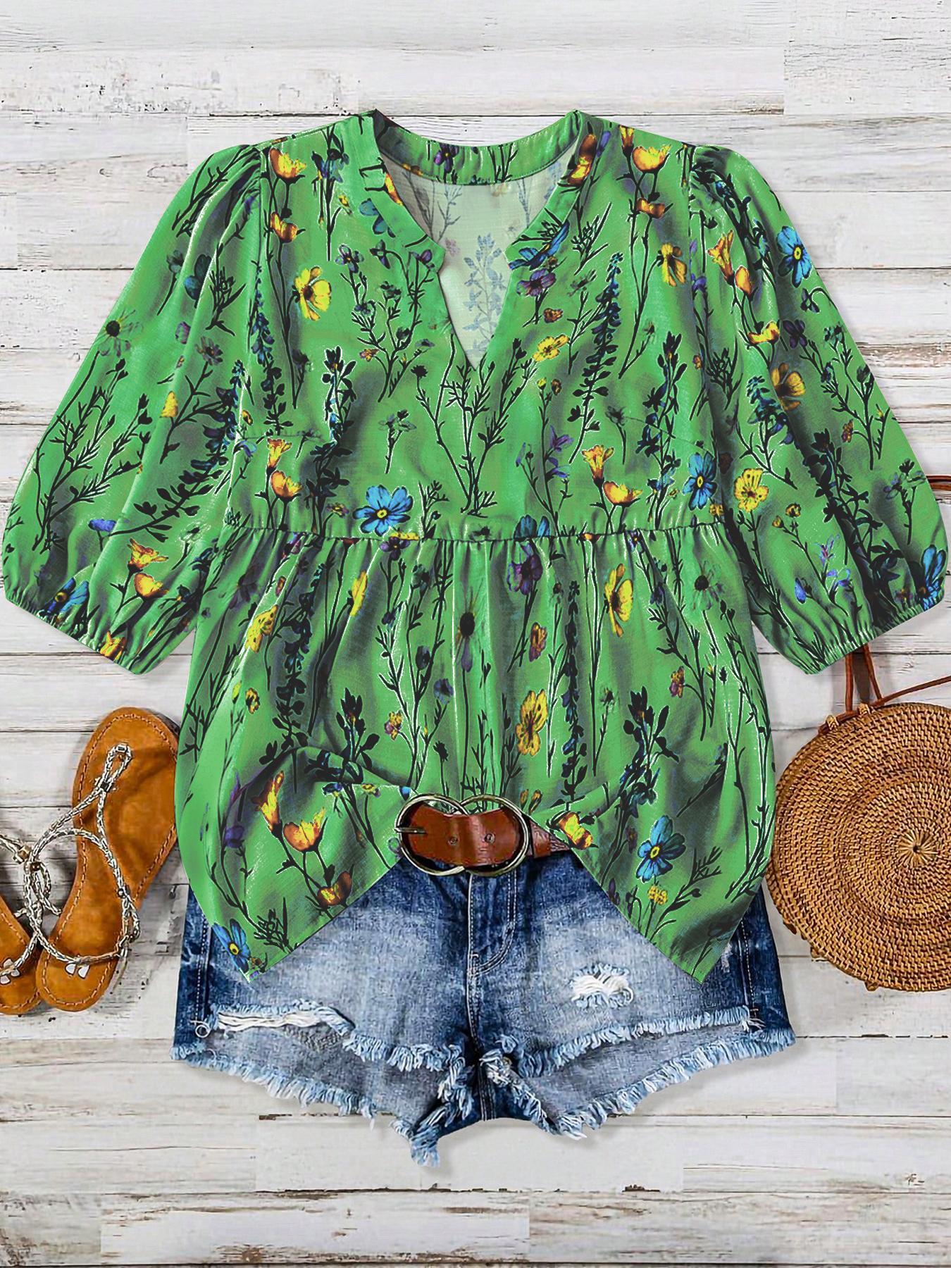 【Plus Size】 Floral Print Notched Neck Boho Cottagecore Blouse, Boho Floral Printed Casual Bishop Sleeve Top for Summer, Women's Clothes for Daily Wear