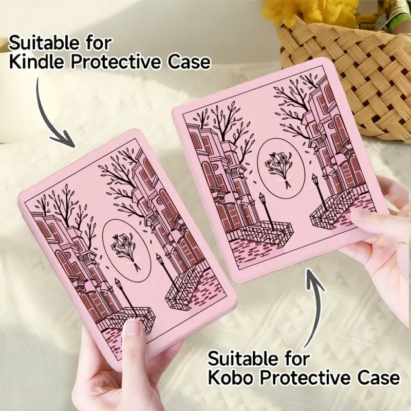 for Kindle/kobo/Tolino Case Pink Cityscape With Trees And Flowers for New Kindle 11Th 2019, for Kindle 11th Generation Case for Kindle 11Th (2022/2024), 6-Inch, 7-Inch Kindle Paperwhite 12Th Generation 2024 Vision Color (2024) /Vision 6 (2021）/Shine Color