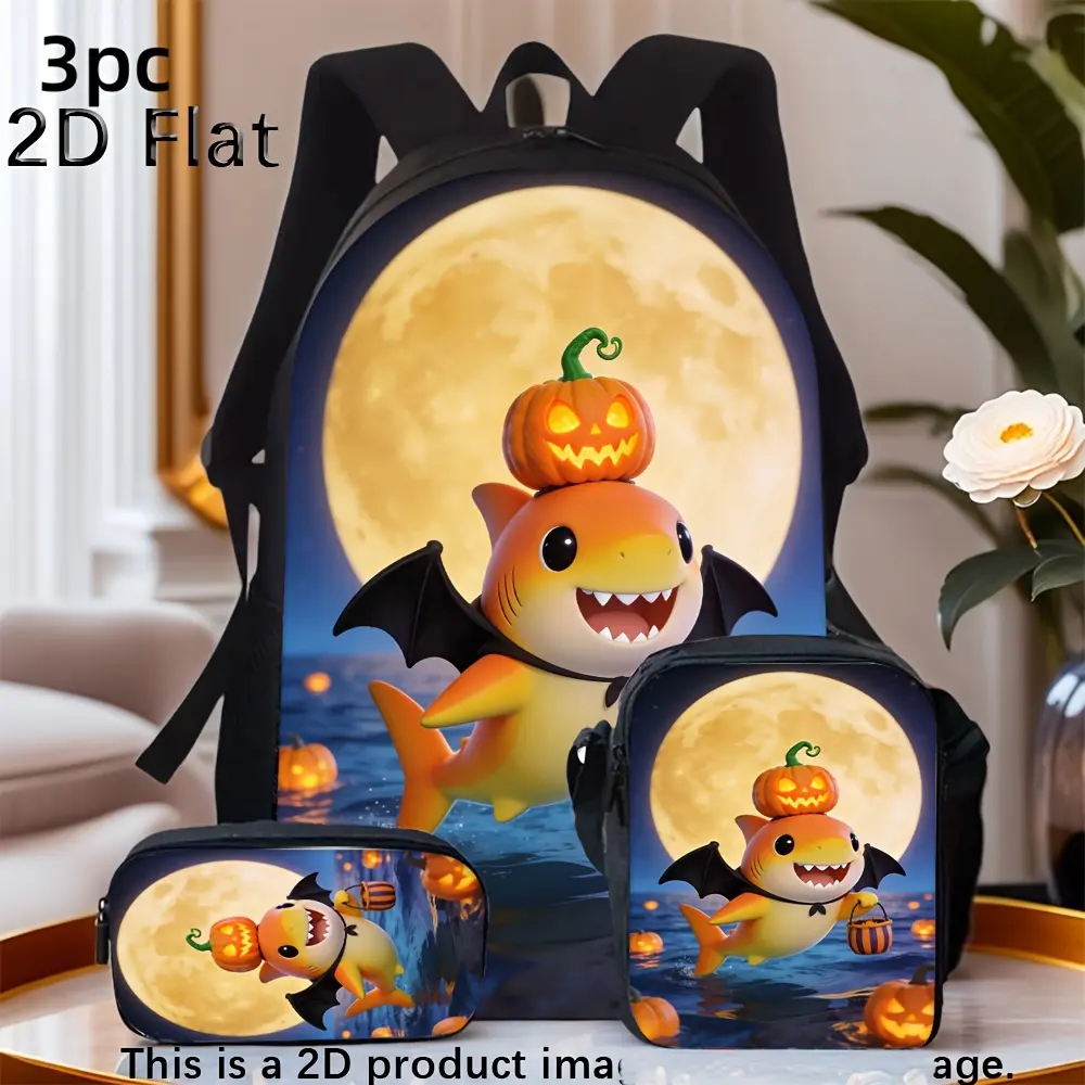 Cute Halloween Shark with Pumpkin Print 3pcs Set Casual Daily Backpack for Boys Girls And Adults