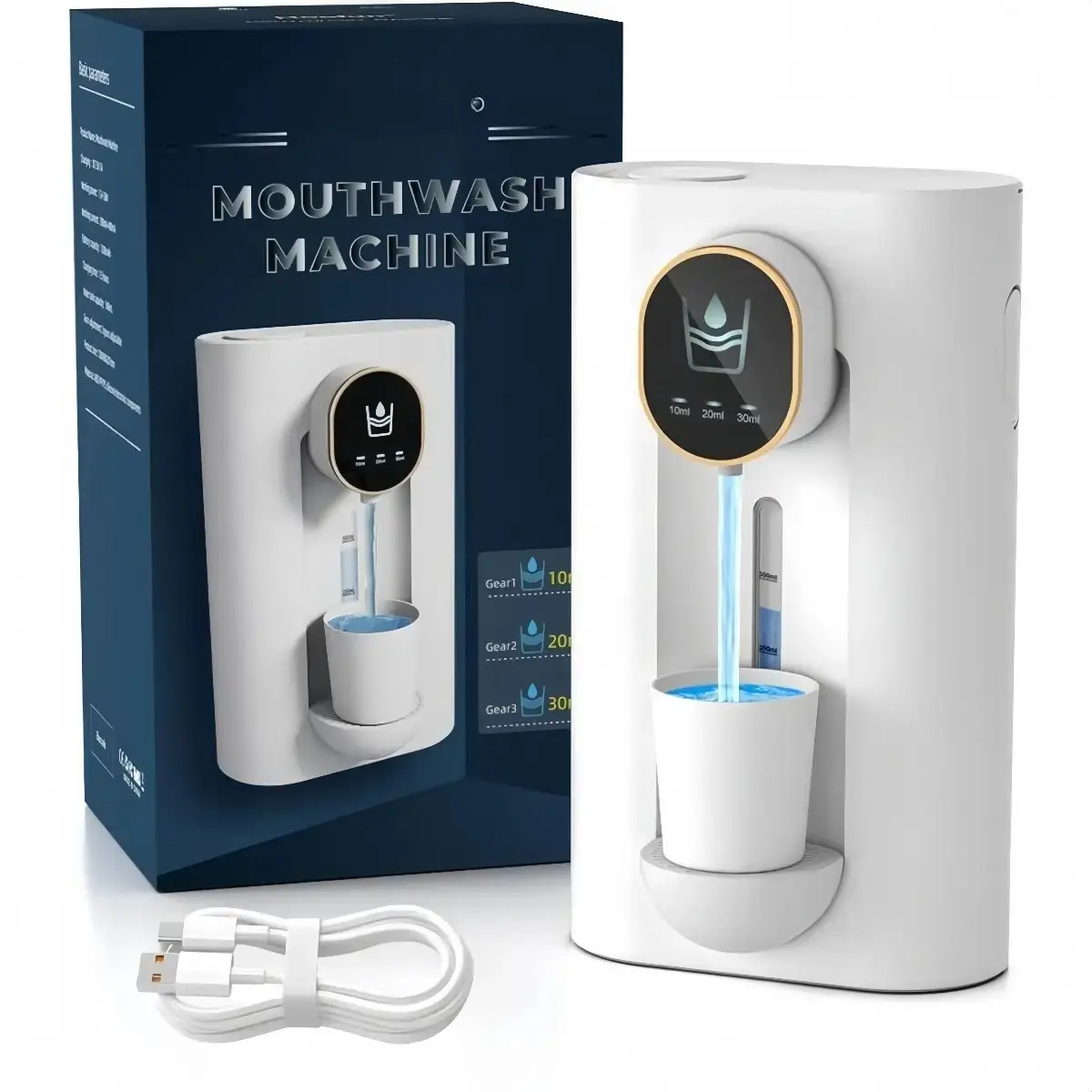 Smart Touchless Mouthwash Dispenser – Automatic Electric Dispenser with LED Display, 3 Adjustable Volumes, 2 Magnetic Cups, USB Rechargeable White