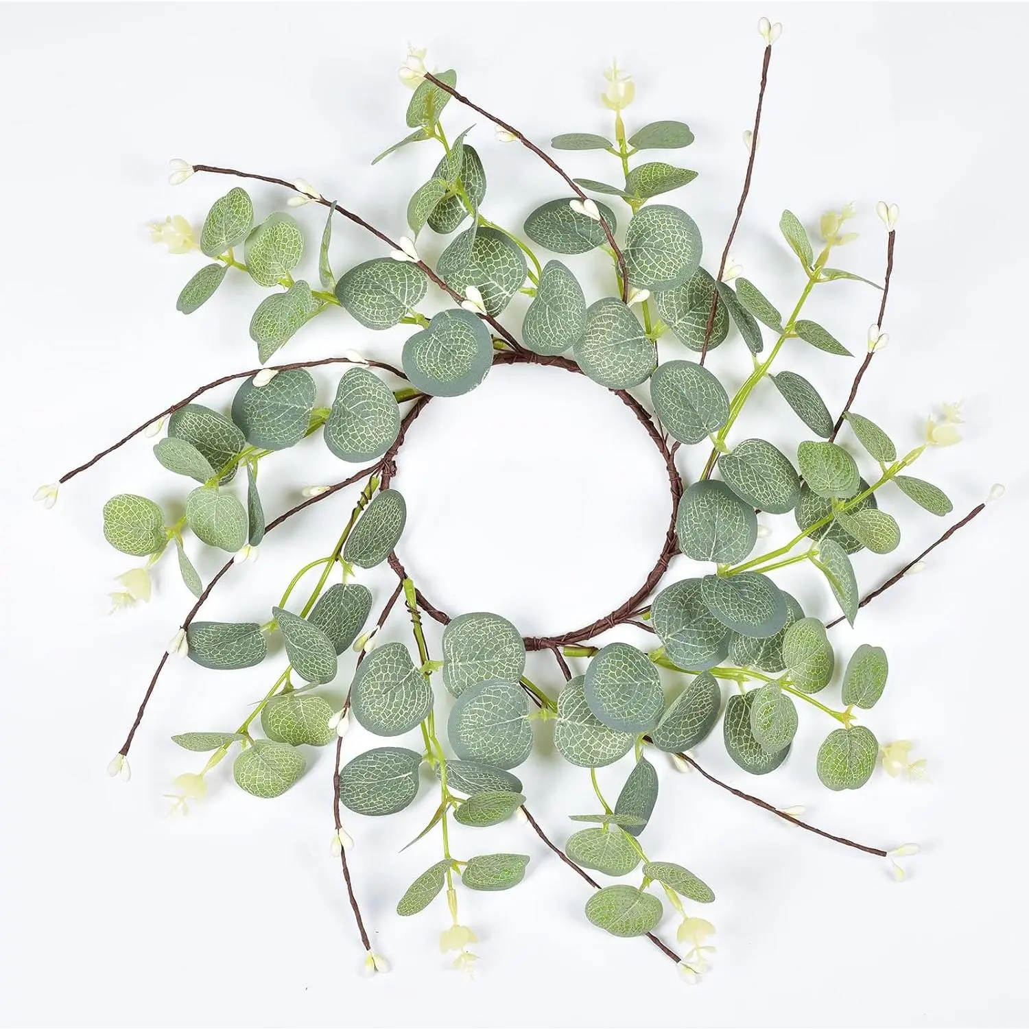 Artificial Eucalyptus Leave Wreath Faux Kitchen Cabinet Candle Rings Wreath with White Berries for Door Wall Window Decor,9Inch/PC
