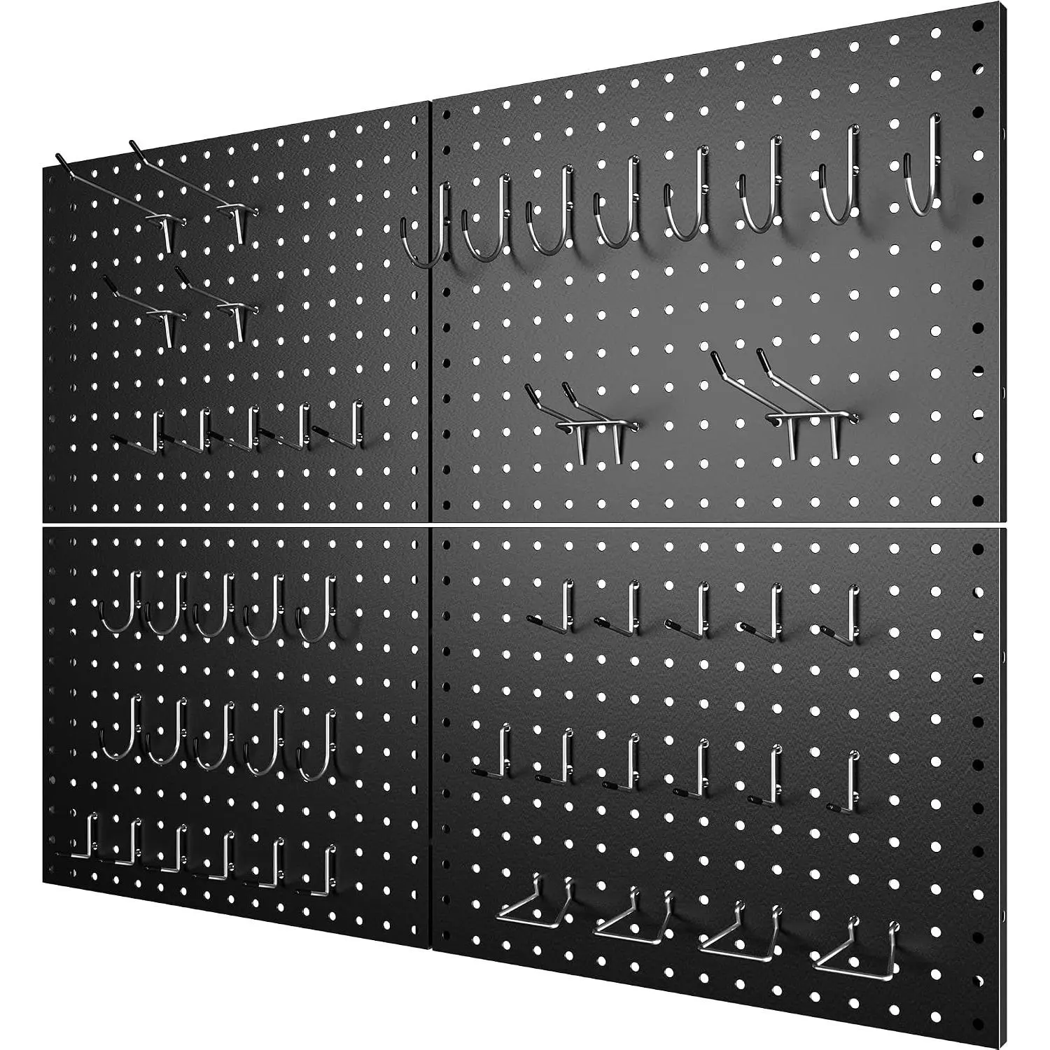 4 Pack Metal Pegboard Panels with 50 Hooks, Black Pegboard Wall Organizer, Pegboard Accessories, Heavy Duty Garage Tool Storage System for Workbench, Workshop, Office, Craft Room