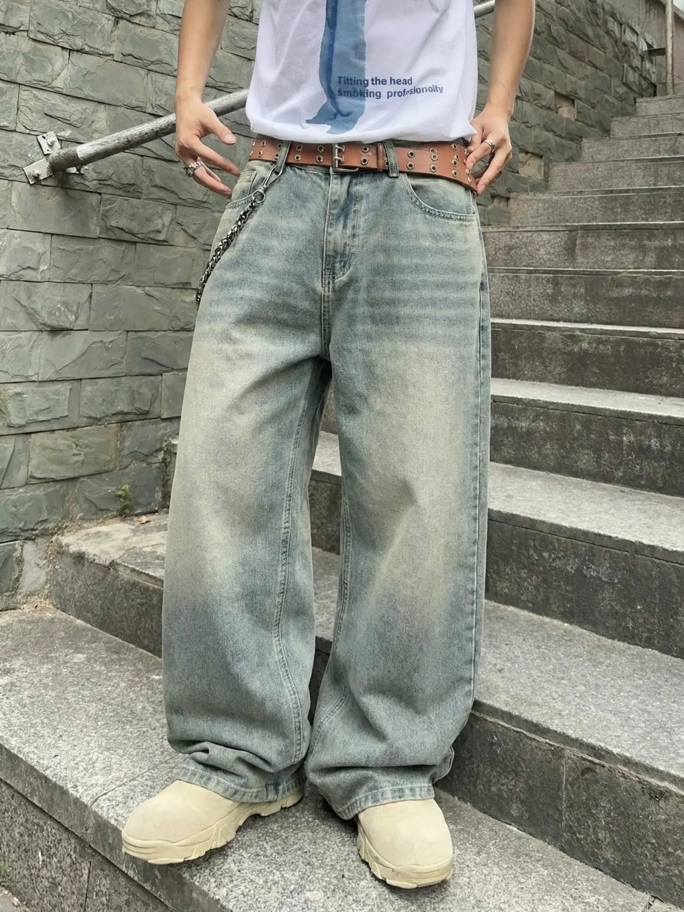 Men's Vintage Washed Loose Fit Wide Leg Jeans, Menswear Long Y2K Street Style Casual Fashion Denim Jeans, Perfect Gift for Boyfriend & Husband, Streetwear