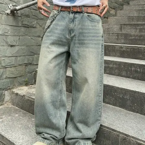Men's Vintage Washed Loose Relaxed Fit Wide Leg Jeans, Long Y2K Streetwear Fashion Style Denim Jeans, Perfect Gift for Boyfriend and Husband