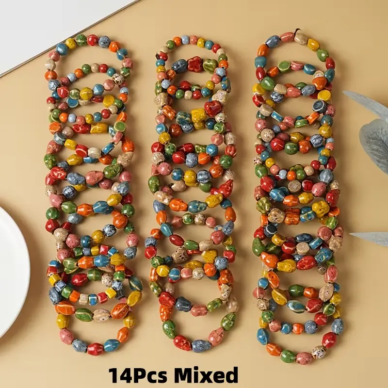 14Pcs Y2k Colorful Chinese Style Ceramic Bead Bracelet Set For Men Women | Retro Style, Multi-Color, Suitable For Daily Wear Or Party Gifts