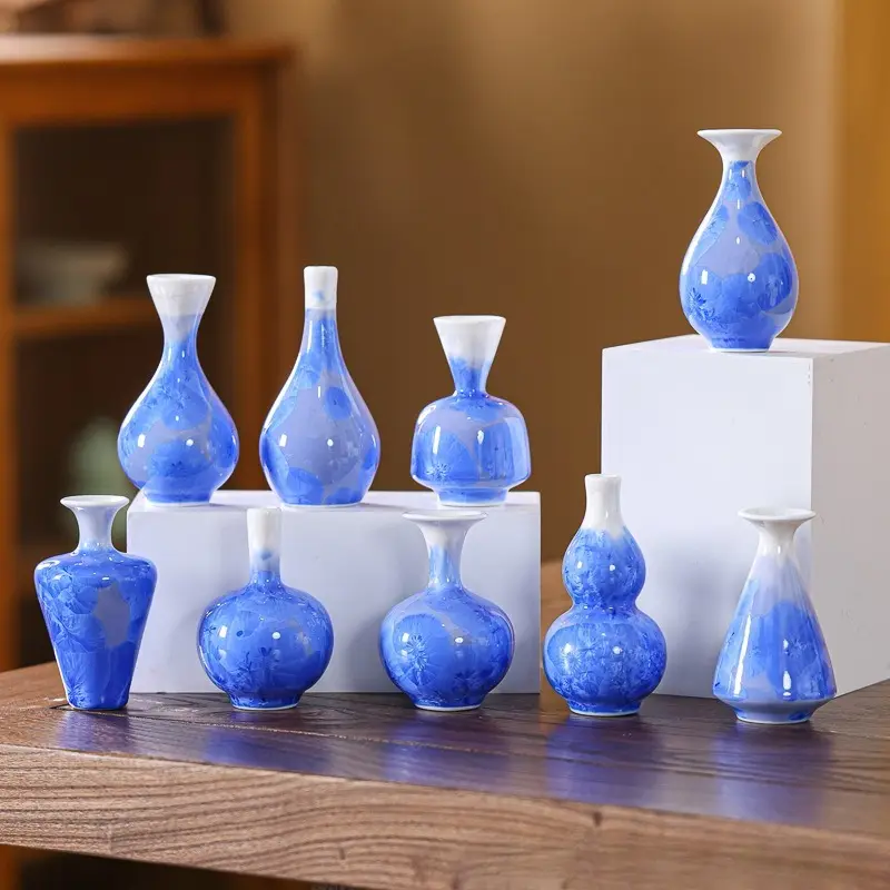 Ceramic light luxury high-end crystalline glaze ceramic small vase mini flower arrangement artificial flowers living room desktop Chinese-style ornaments