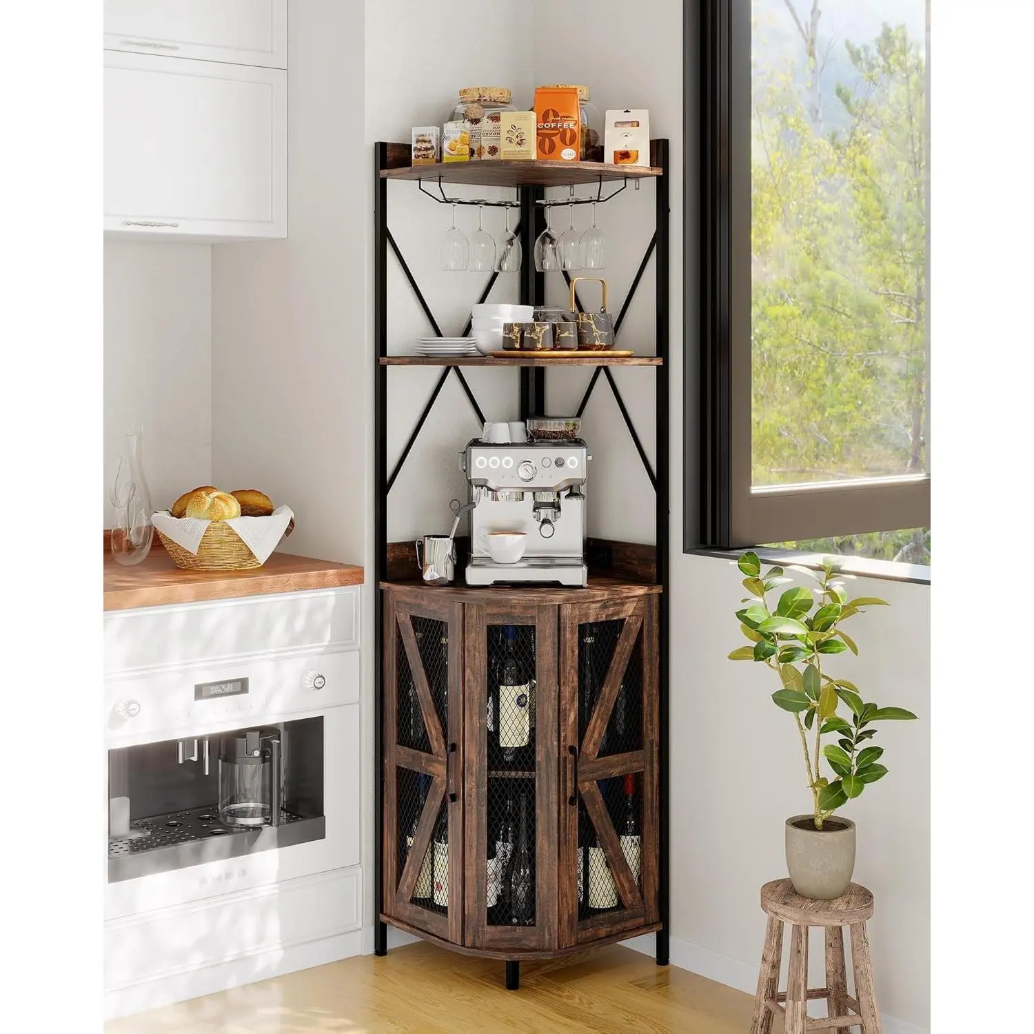 Industrial Collapsible Corner Bar Cabinet with LED Lights, Power Outlet, Glasses Holder, and Metal Mesh Door