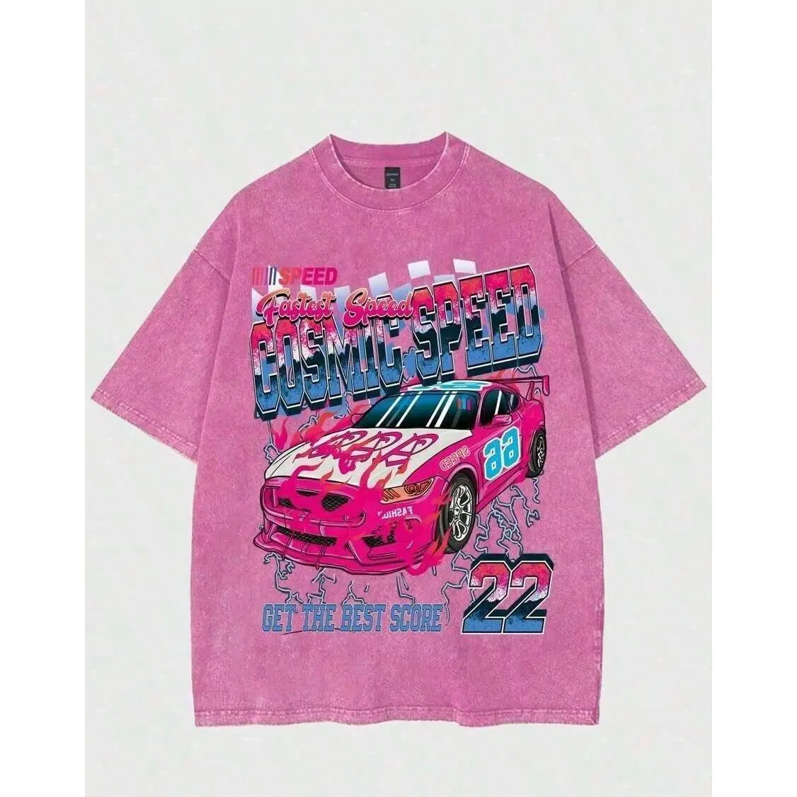 Men's Vintage Graphic Tees - Baggy Loose Relaxed Fit Oversized Round Neck, Casual Short Sleeve Washed Pink Streetwear Top with 'Cosmic Speed 22' Racing Graphic, Tshirt, Oversized Graphic Tee Menswear Crewneck