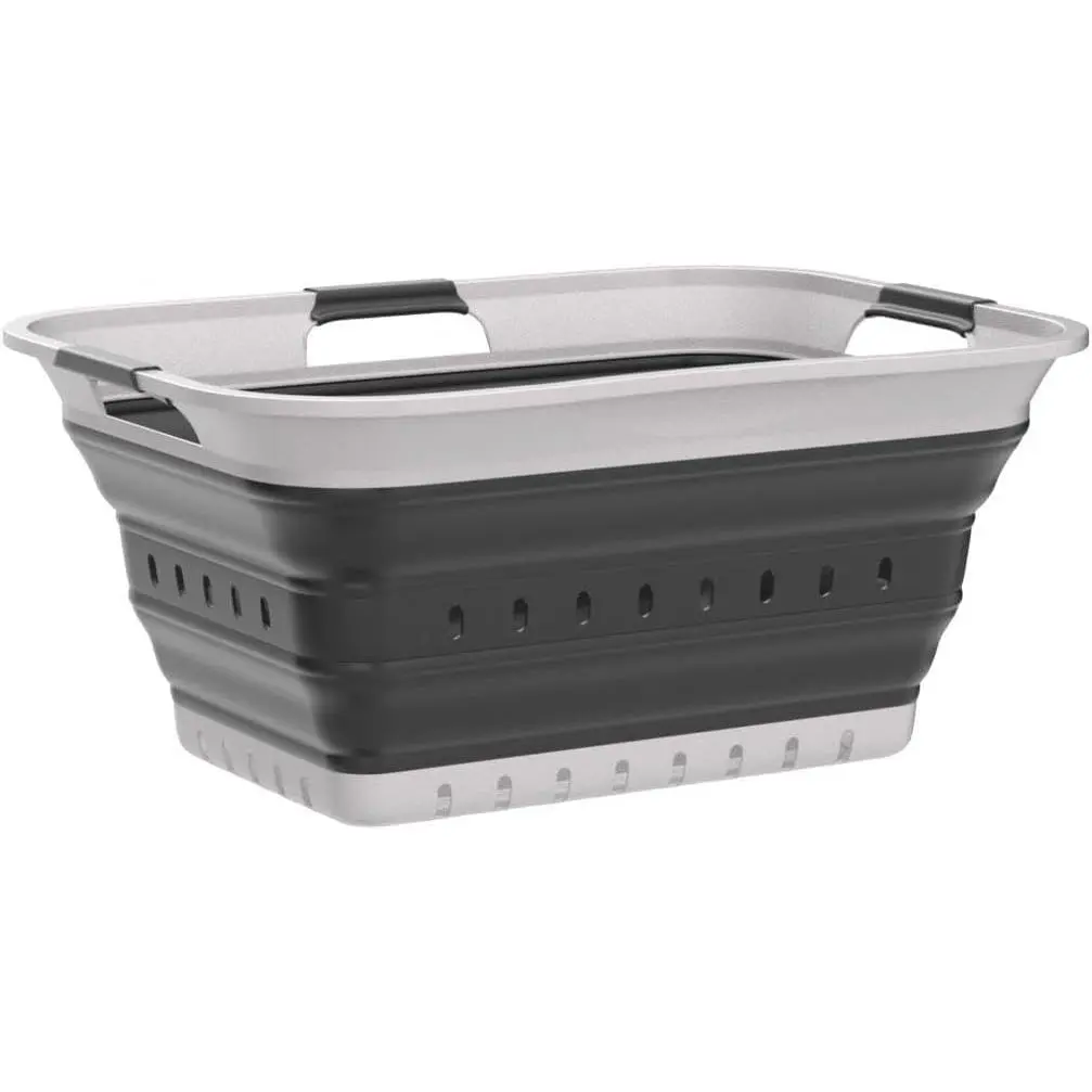42L (11 gallon) Collapsible Plastic Laundry Basket - Foldable Pop Up Storage Container/Organizer - Space Saving Hamper/Basket (1, White/Dark Grey)