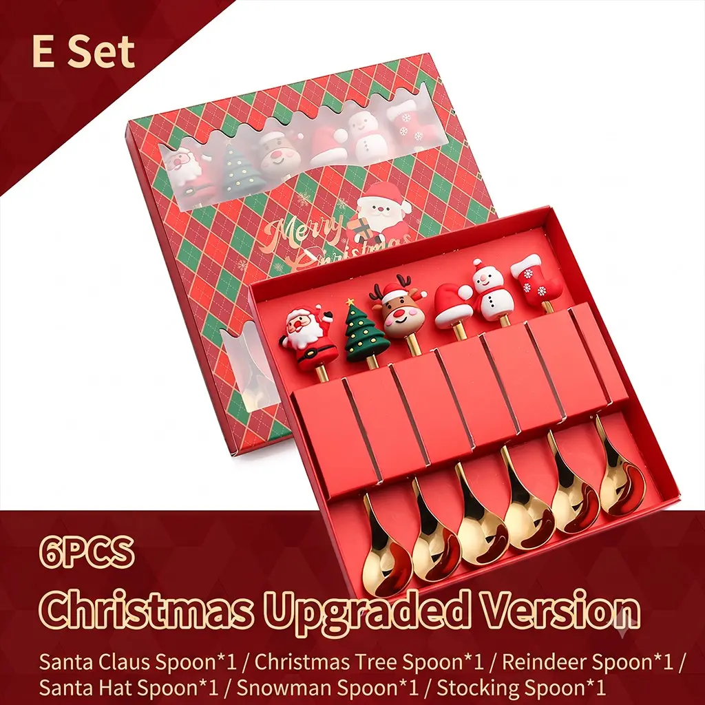 6Pcs Christmas Decorative Spoons, Stainless Steel, Reusable Coffee Tea Dessert Stirring Spoons, Santa Snowman Tree Star Design for Kitchen, Home, Office, Christmas Party, Holiday Gift