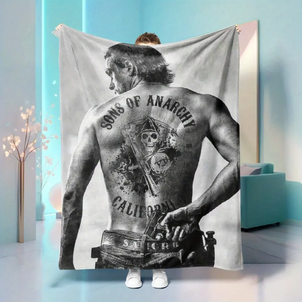 1pc Sons of Anarchy Jax Teller Back Tattoo Flannel Throw Blanket - Soft Fleece Home Blanket, Retro Vintage Whimsical Room/House Decor for Sofa Bed, TV Show Fan Gift, Room Decor, Whimsical Home Decor