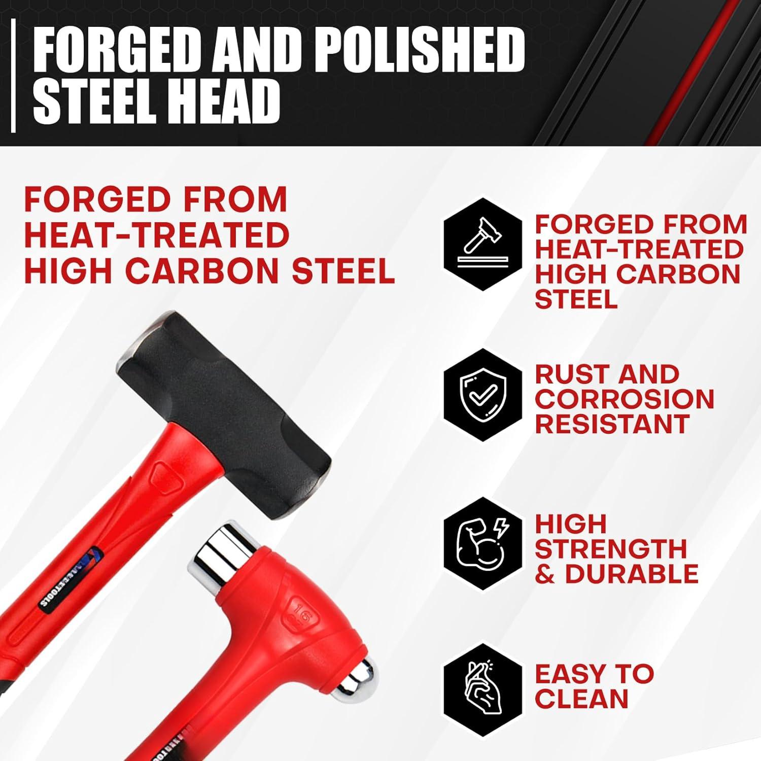 5- Hammer Set, 16oz Ball Peen Hammer | 32oz Ball Peen Hammer | 32oz Rubber Mallet | 3lb Sledge Hammer | 3lb Cross Peen, Fiberglass Handle & Mallet Set