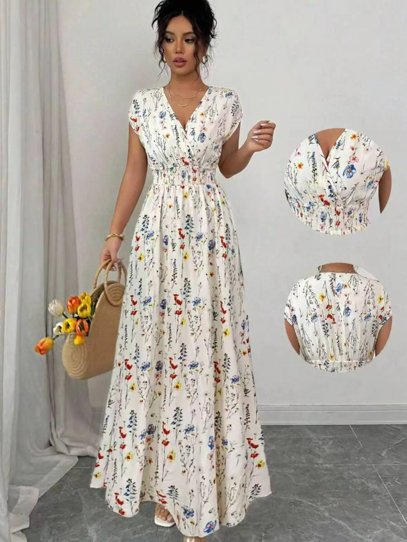 Women's Ditsy Floral V-Neck Sleeveless Waist-Cropped Long Dress, Elegant Boho Print Vacation Dress, Summer Commute, Beach Festival, Casual Wear