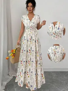 Women's Floral V-Neck Sleeveless Waist-Cropped Long Dress, Elegant Boho Print Vacation Dress, Summer Commute, Beach Festival, Casual Wear