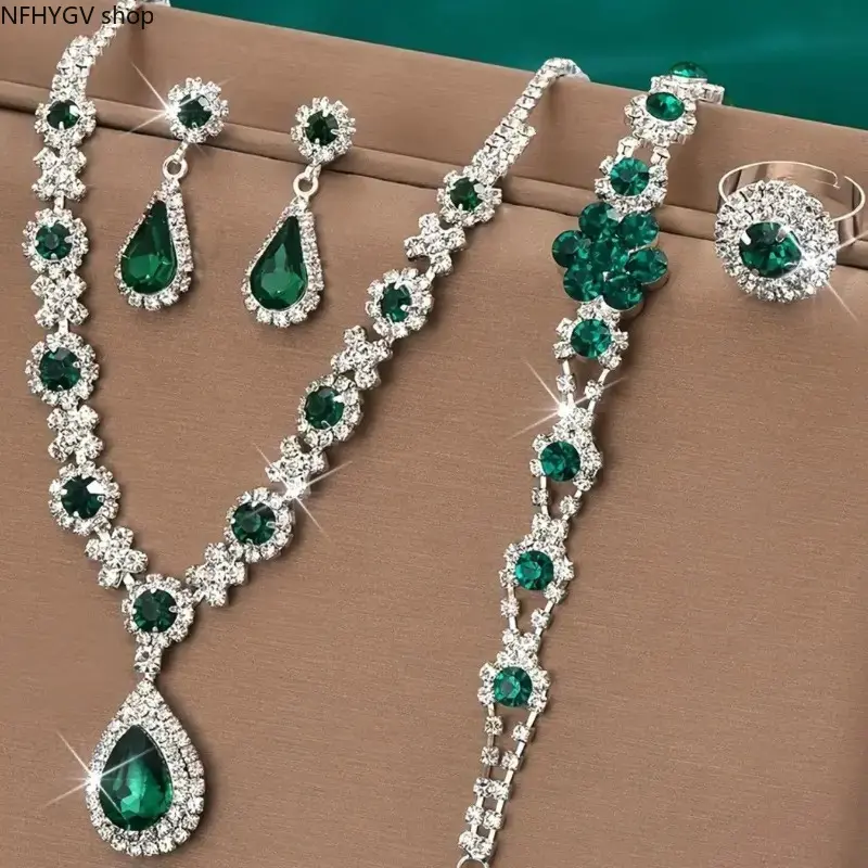 Elegant Shiny Emerald Stone Full Jewelry Set, Trendy 4-in-1 Matching Necklace Earrings Bracelet Ring Combo, Luxury Delicate Accessory for Daily Wear Wedding Banquet Party Dating And Holiday Gift Giving