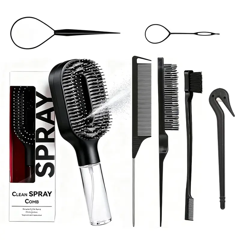 7‑Pcs Styling Tools Set, Hairdressing Set, 2‑In‑1 Hard Nylon Detangling Comb, Built‑In Spray Bottle, Double‑Sided Edge Brush, Steel Tail Comb & Hair Braiding Tools, Gift For Women Mother's Day