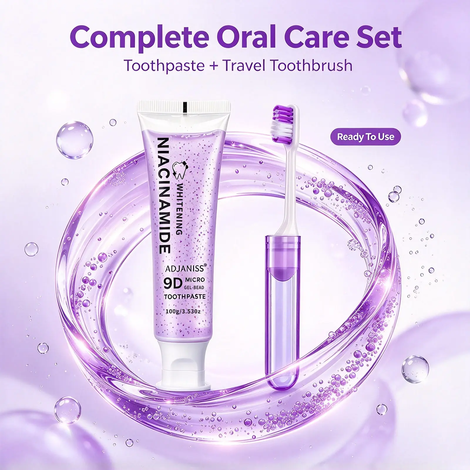 Adjaniss Niacinamide 9D Microbead Gel Toothpaste Set, Fresh Breath, Surface Stain Removal, Portable Travel Folding Brush, Daily Oral Care