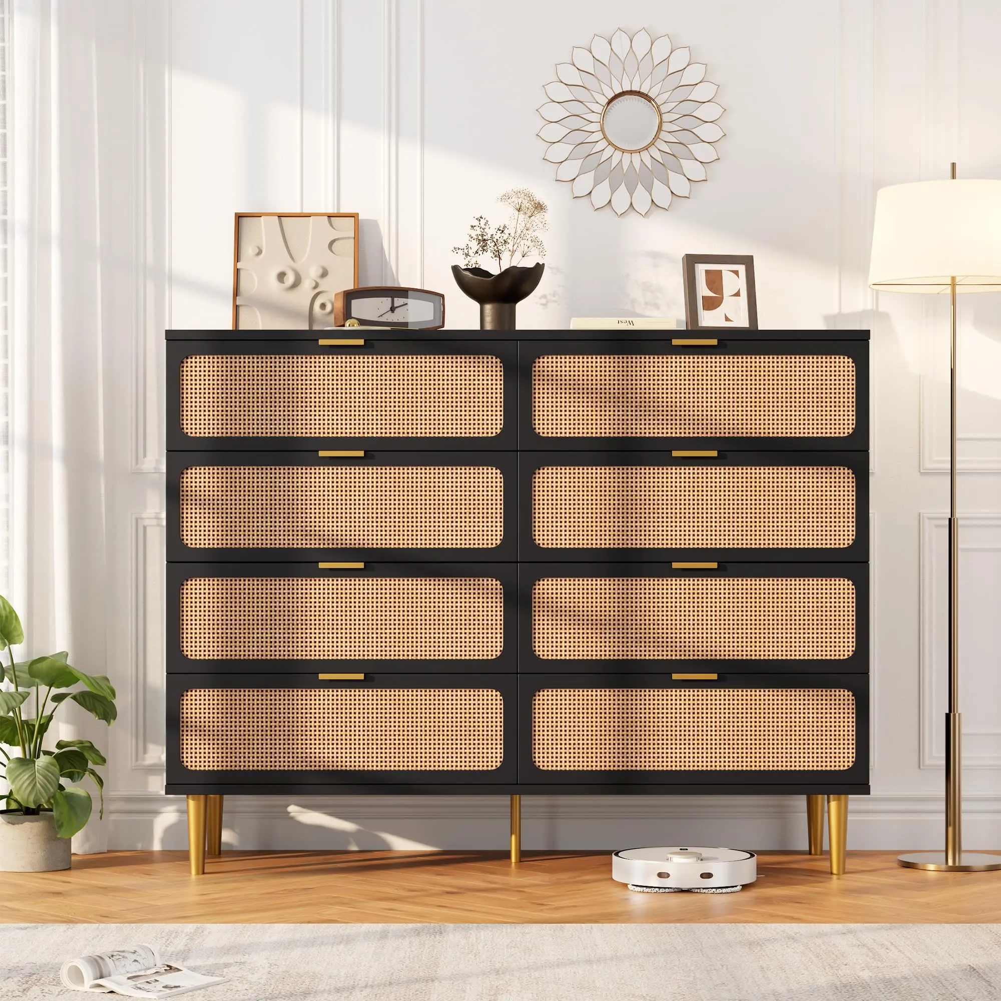 Garvee Rattan 8 Drawer Tall Dresser with Deep Drawers, Large Wooden Chest of Drawers for Bedroom, Closet, Living Room, Hallway, and Kids Room, Featuring a Wide Top in Black Finish