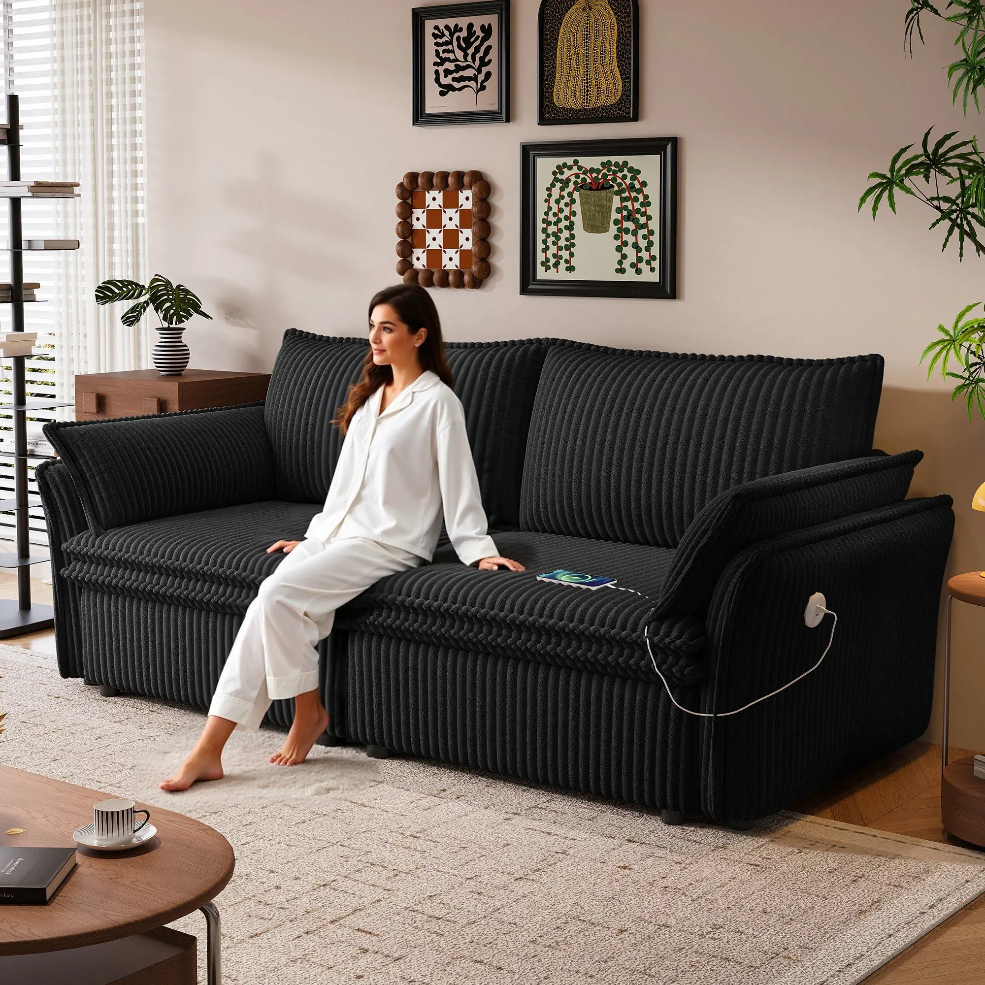 ARCH 85 Inch Convertible Sofa Bed Sleeper with Memory Foam, 2-in-1 Pull Out Couch Bed for Living Room, Corduroy Upholstered, Multiple Color Options, High Weight Capacity 600 lbs, Minimalist Design, Black/Camel/Green/Pink Color Options