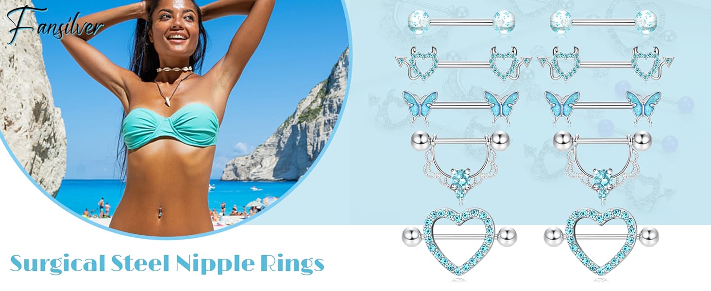 Fansilver 14G Nipple Rings for Women Surgical Steel Nipple Piercing CZ Heart Butterfly Barbell Cute Nipple Body Piercing Jewelry for Sensitive Skin Fansilver 14G Nipple Rings for Women Surgical Steel Nipple Piercing CZ Heart Butterfly Barbell Cute Nipple Body Piercing Jewelry for Sensitive Skin