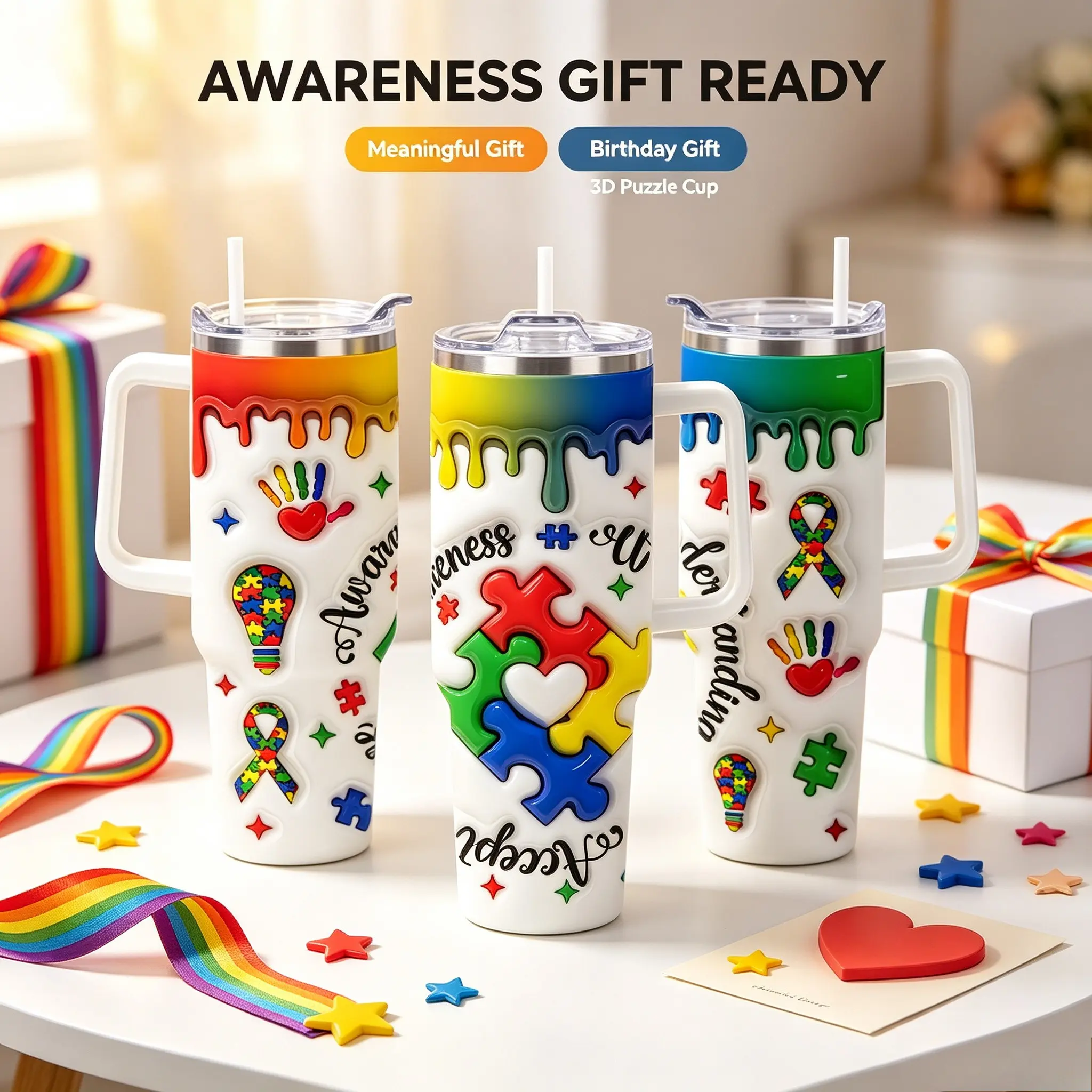 1-Pack Autism Awareness Thermos - 40 oz Double Insulated Cup with Puzzle Pieces and Love Handprint Pattern, Leak-proof Thermos for Hot and Cold Drinks, Autism Themed Gifts, Christmas Gifts Stainless Steel Rooster Tumbler water bottle glitter Sports Bottle