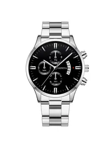 Men's watch with calendar, steel band, quartz movement, fake three-hand business men's watch