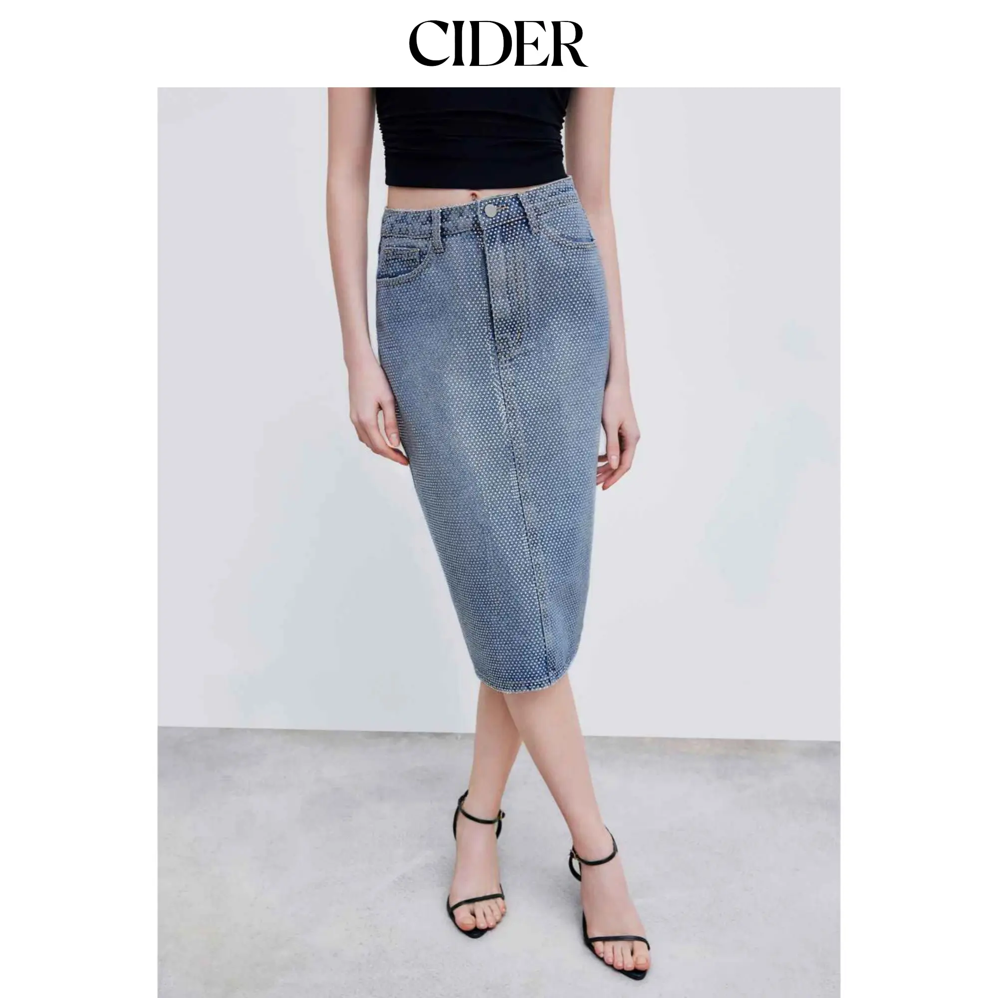 Cider [size 0-10] Cider Denim High Rise Rhinestone Split Maxi Skirt
