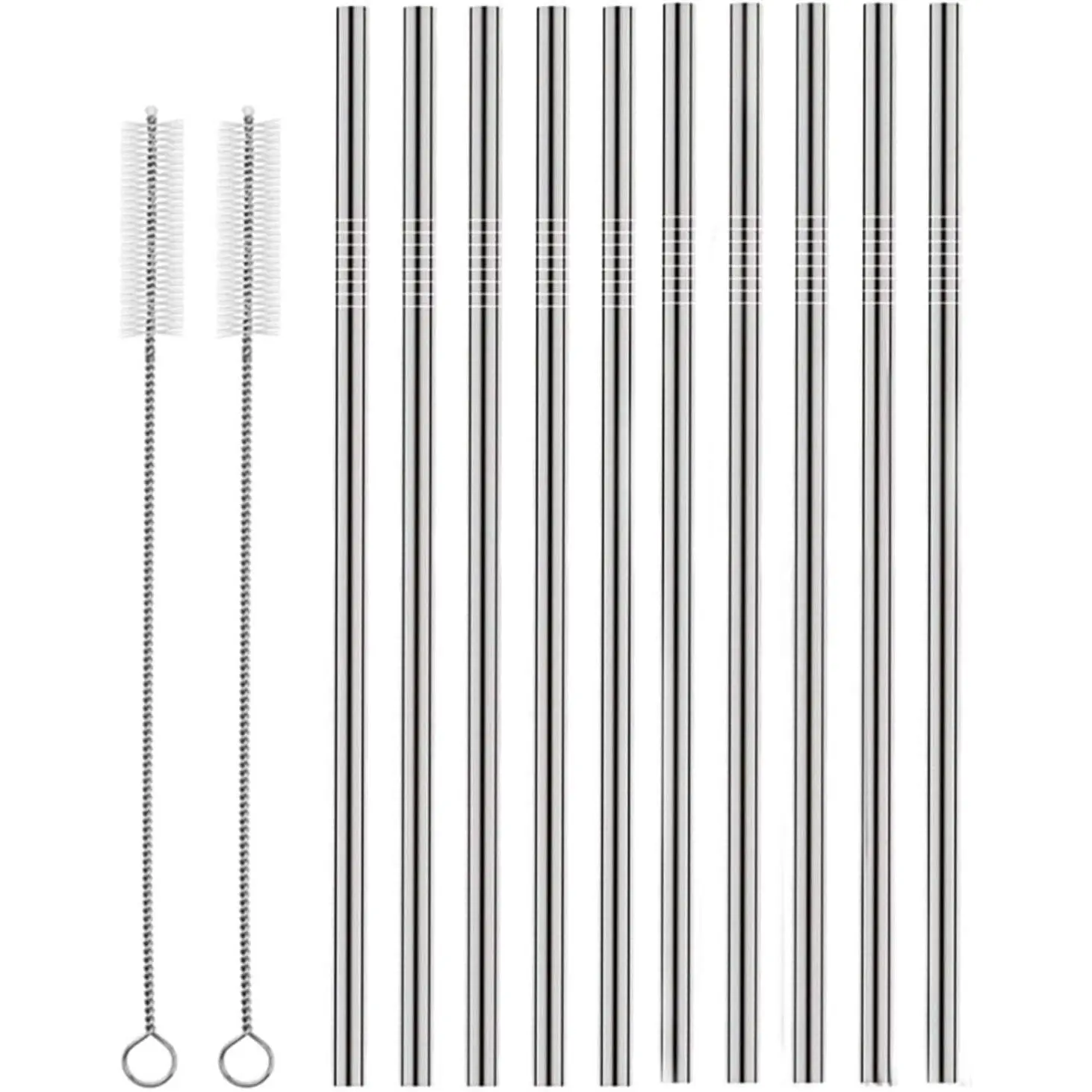 Set of 10 Stainless Steel Straws,  Straight  Drinking Straws 10.5'' Long 0.24‘’ Dia for 30 oz Tumbler and 20 oz Tumbler, 2 Cleaning Brush Included (10 Straight Straw + 2 Brushes)