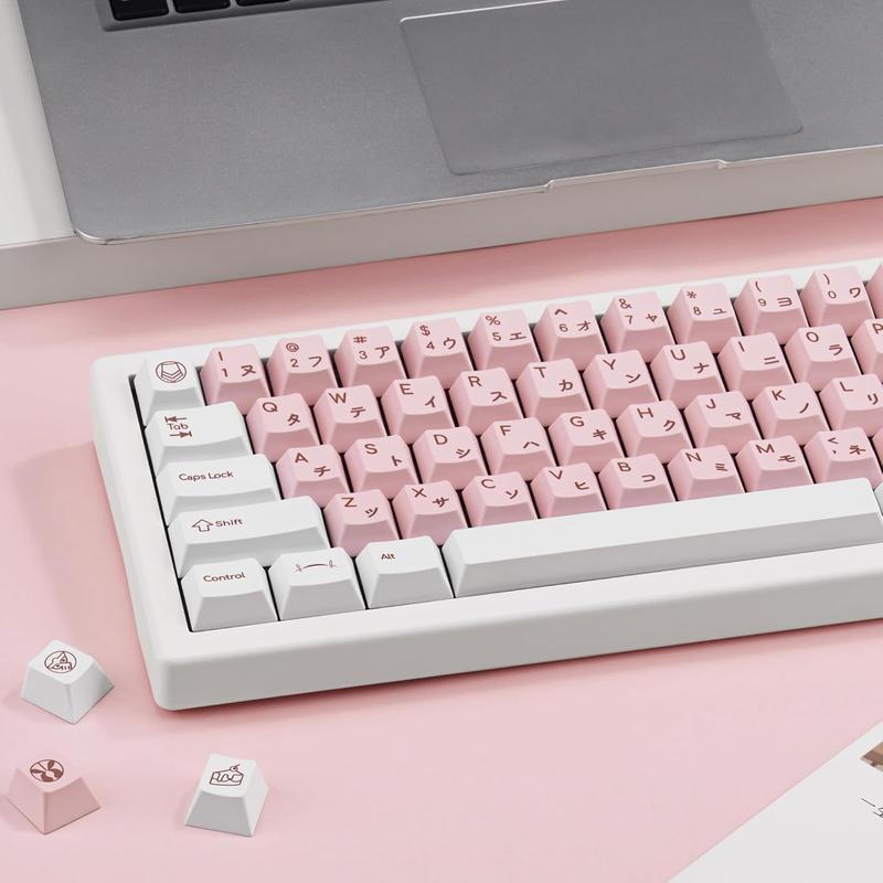 White and Pink Japanese PBT Keycaps - Cherry Profile, Dye Sublimation, Minimalist Custom Key Caps for Cherry MX Gateron Switches Mechanical Gaming Keyboard, 130 Keys