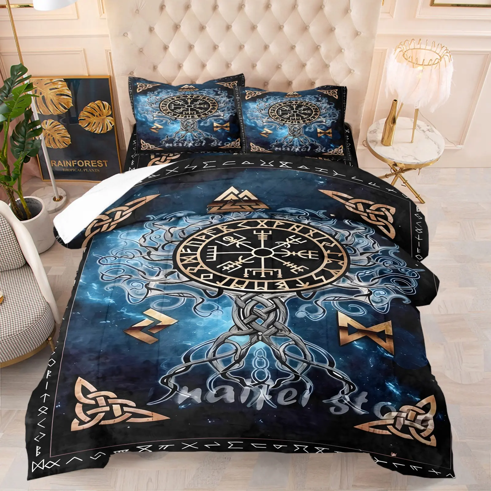 Norse Viking Yggdrasil Vegvisir Print Comforter Set, Includes 1 Comforter and 1-2 Pillowcases, Tree of Life Rune Symbol Pattern Print, Gift for Kids, Teens and Adults, Nordic Myth Gift for Pagan Fans