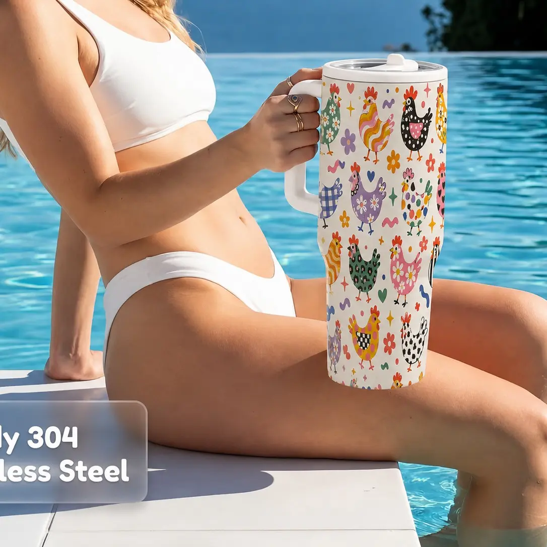 40oz Colorful Chicken Rooster Vacuum Insulated Travel Tumbler, Travel Mugs Insulated for Hot and Cold, Insulated Cup with Handle and Straw, Large Capacity Iced Coffee Mug for Car, Office, Kitchen