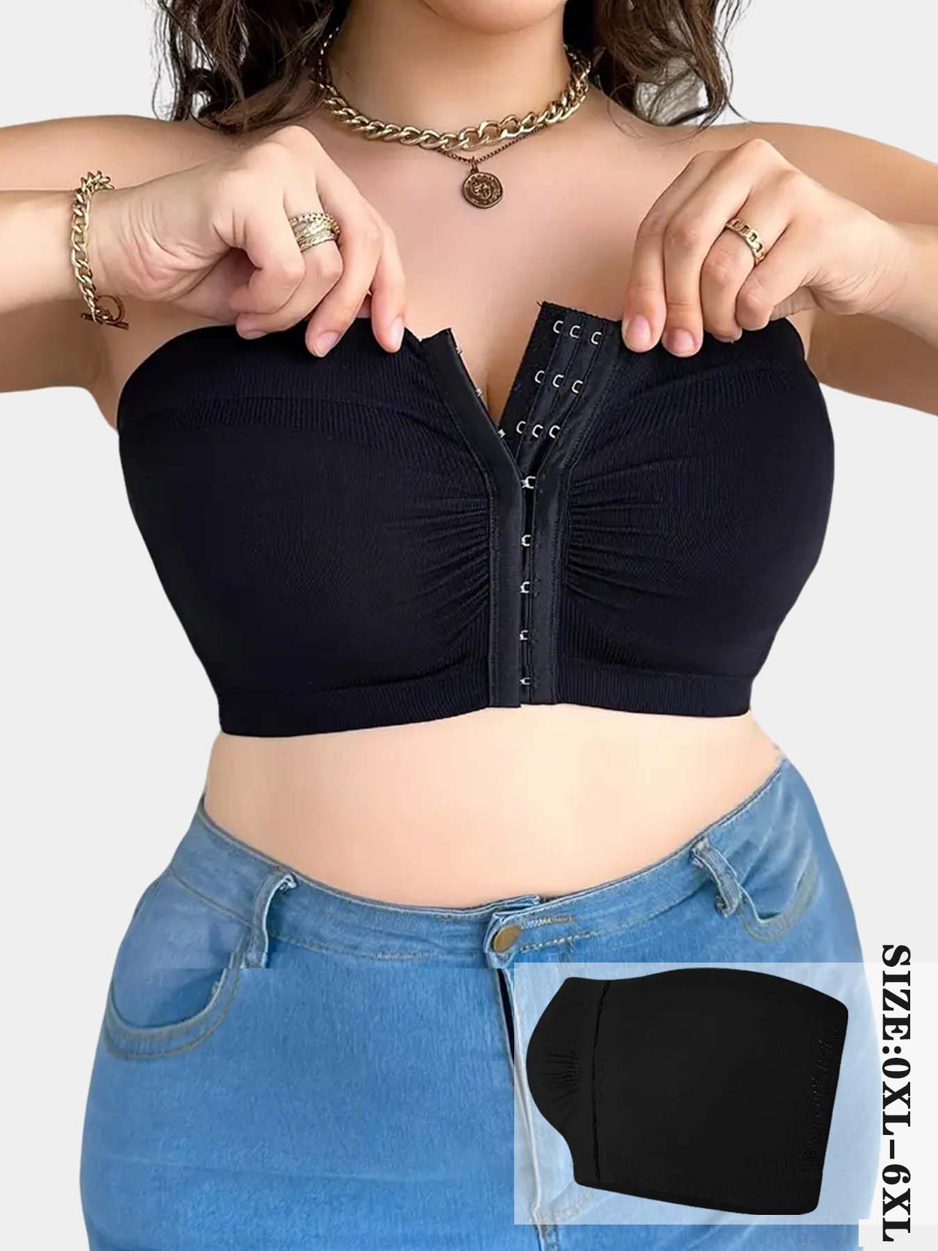 1/2/3/4/5PCS Plus Size Front Closure Wireless Bra, Comfortable Fit Breathable Underwireless Knit Bandeau Bra, Full Coverage Slimming Design Underwear