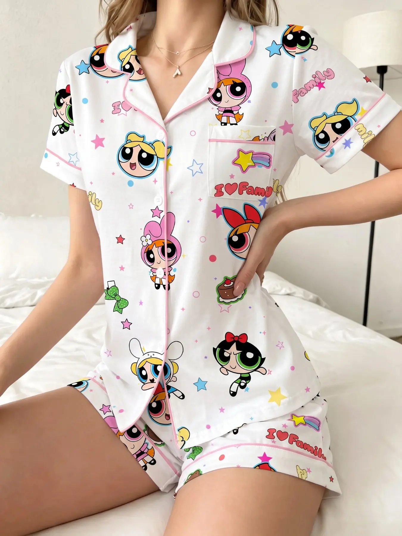 【Black Friday】Women's Powerpuff Girls Pattern Loose-Fit Pajama Set, Soft Fabric, Casual Short Sleeve Top & Elastic Waist Shorts, Comfortable Nightwear, Pjs