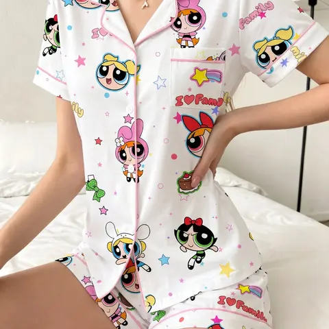 Women's Powerpuff Girls Pattern Loose-Fit Pajama Set, Soft Fabric, Casual Style Short Sleeve Top & Elastic Waist Shorts, Comfortable Nightwear, Pjs