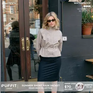 PUFFIT Summer Short Drawstring Waist Rain Jacket, Breathable Eyelets & Multi-Pocket Design, Stain-Resistant Windproof Outerwear