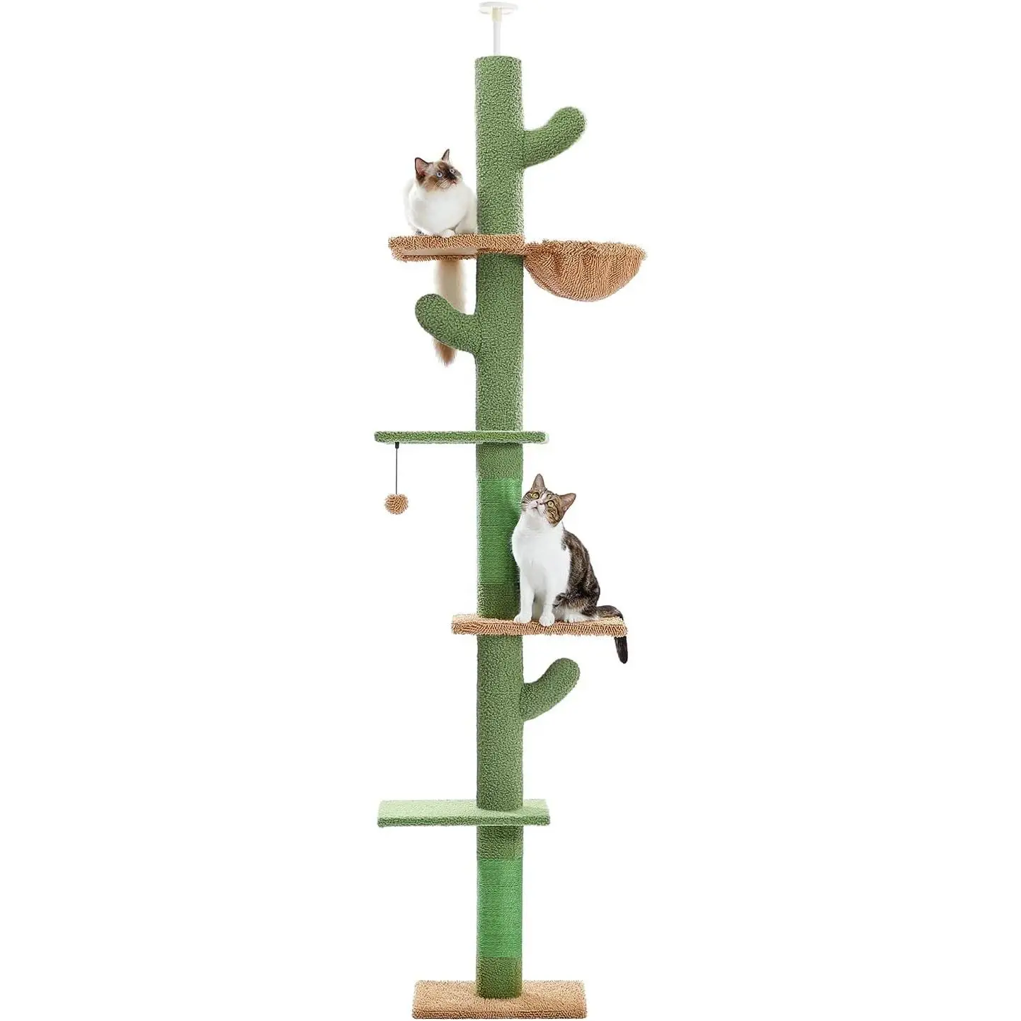 Cactus Floor to Ceiling Cat Tree, Adjustable Height (95-108 Inches), 5 Level Cat Climbing Tower with Cozy Hammock, Platforms and Dangling Balls for Indoor Cats