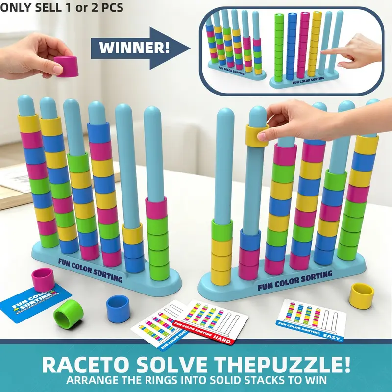2‑Player Set, Color Stack Challenge Game, Quick‑Paced Color Matching Puzzle Board Game, Fun Family Party Game for Christmas Family Game Night, Includes 2 Stacking Frames, 50 Challenge Cards & 80 Color Rings, Tower Stack