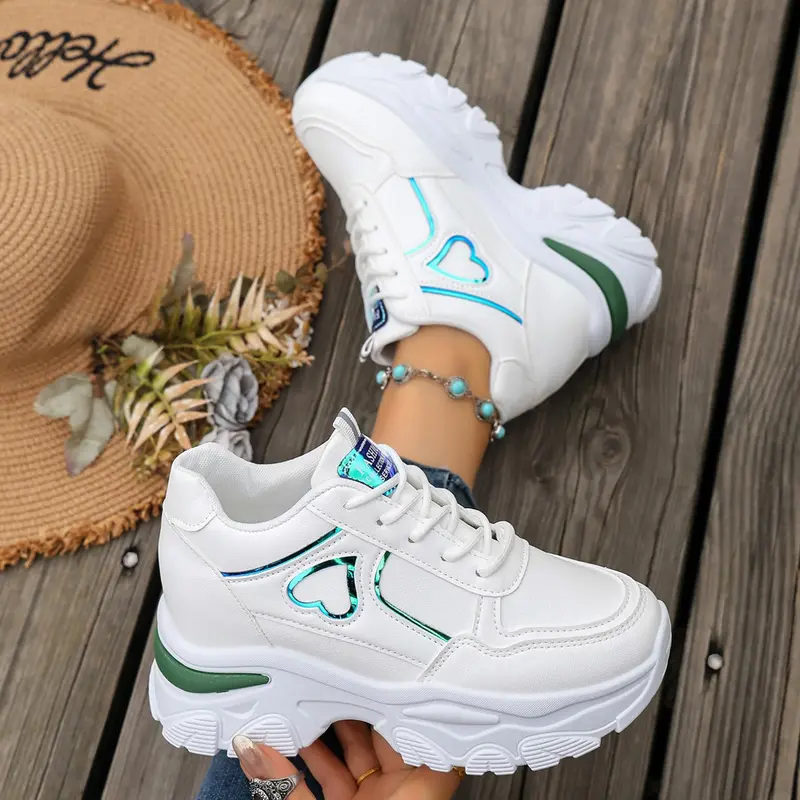 New Women's Fashion Comfortable Inner Heel Lift Casual Shoes, Sneaker, Casual Trainer Footwear, Waterproof PU Leather, Heart Pattern, All Seasons, Sporty Style