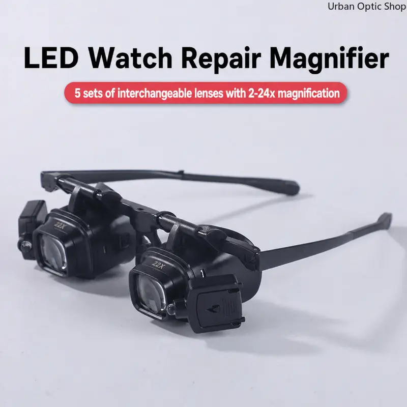 XUH Unisex Functional Optic Glasses-Style LED Lights Magnifier - 24X Magnification, 5 Interchangeable ABS+Acrylic Lenses (5 sets of lenses), Folding Portable Hands-Free Tool, 2925s2 Model, 4 CR1620 Batteries, Repair Work Eyewear Accessory