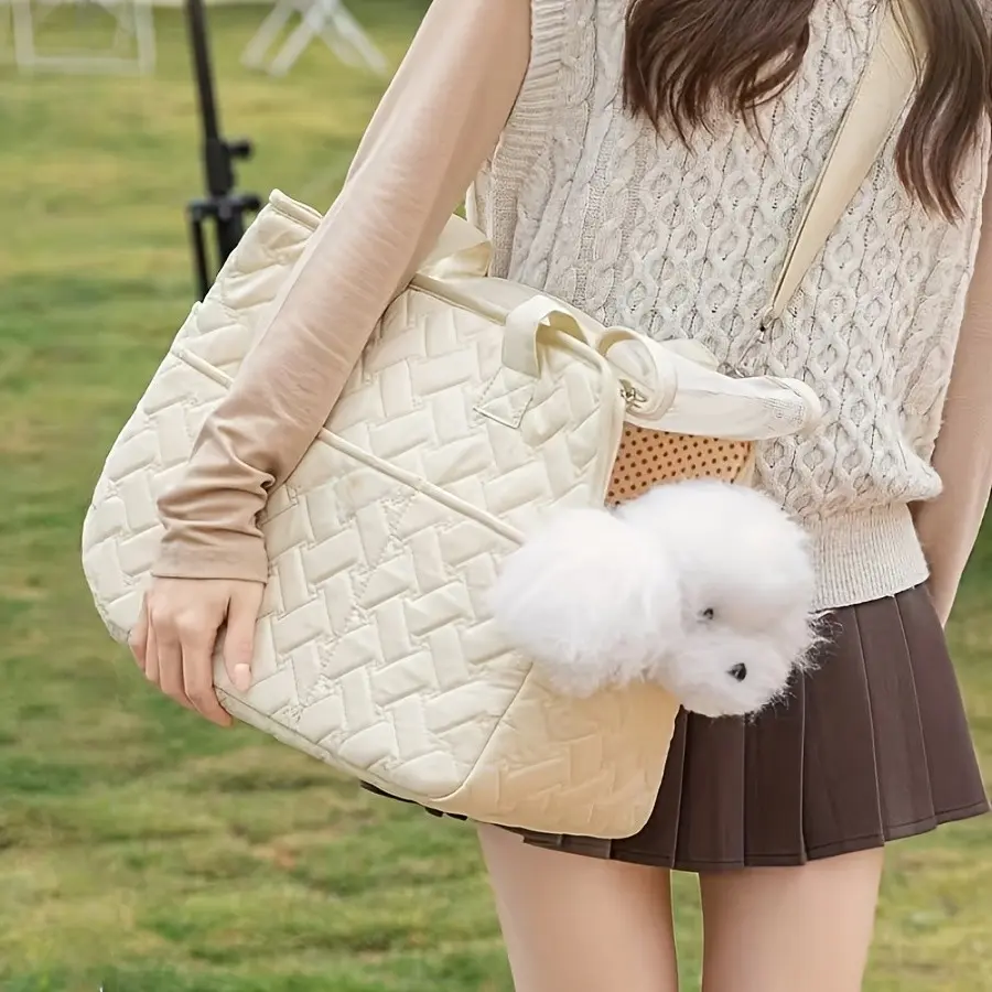 17" L x 12" W x 7.5" H Inches Cat, Dog Carrier for Pets Up to 15 Ibs, Washable，Soft Sided，Collapsible Travel Puppy Carrier. (Beige)