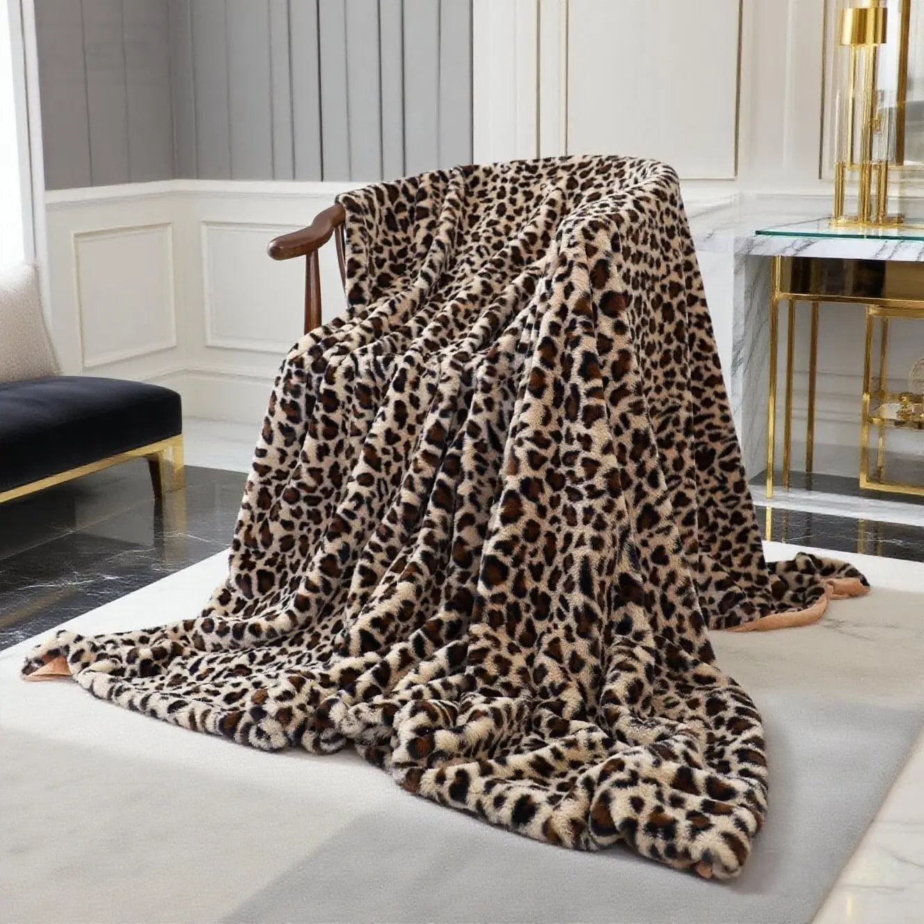 Velboa Soft Leopard Blanket Layer Bedding Thick Sofa Cover Furry Fuzzy Fax Fur Throw Blanket (Khaki,51 x 63 Inch)