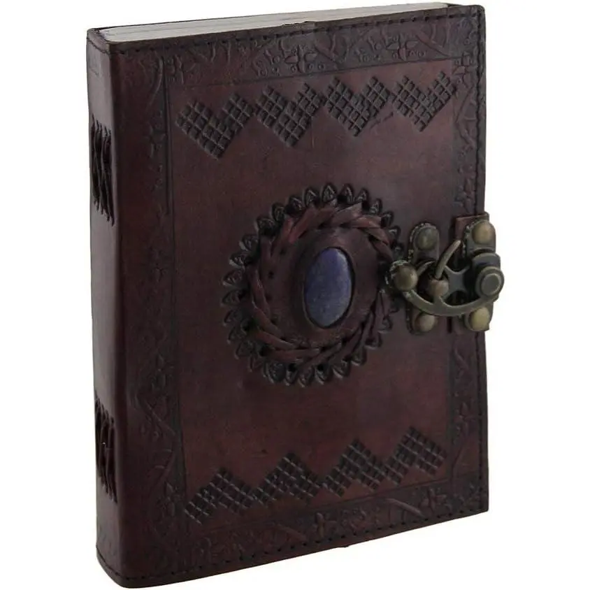 Handcrafted Brown Embossed Leather Journal with Blue Stone, Clasp Closure, 120 Leaf Unlined Pages, 1-1/4 Inches Thick for Journaling (Office Stationery Notebook)