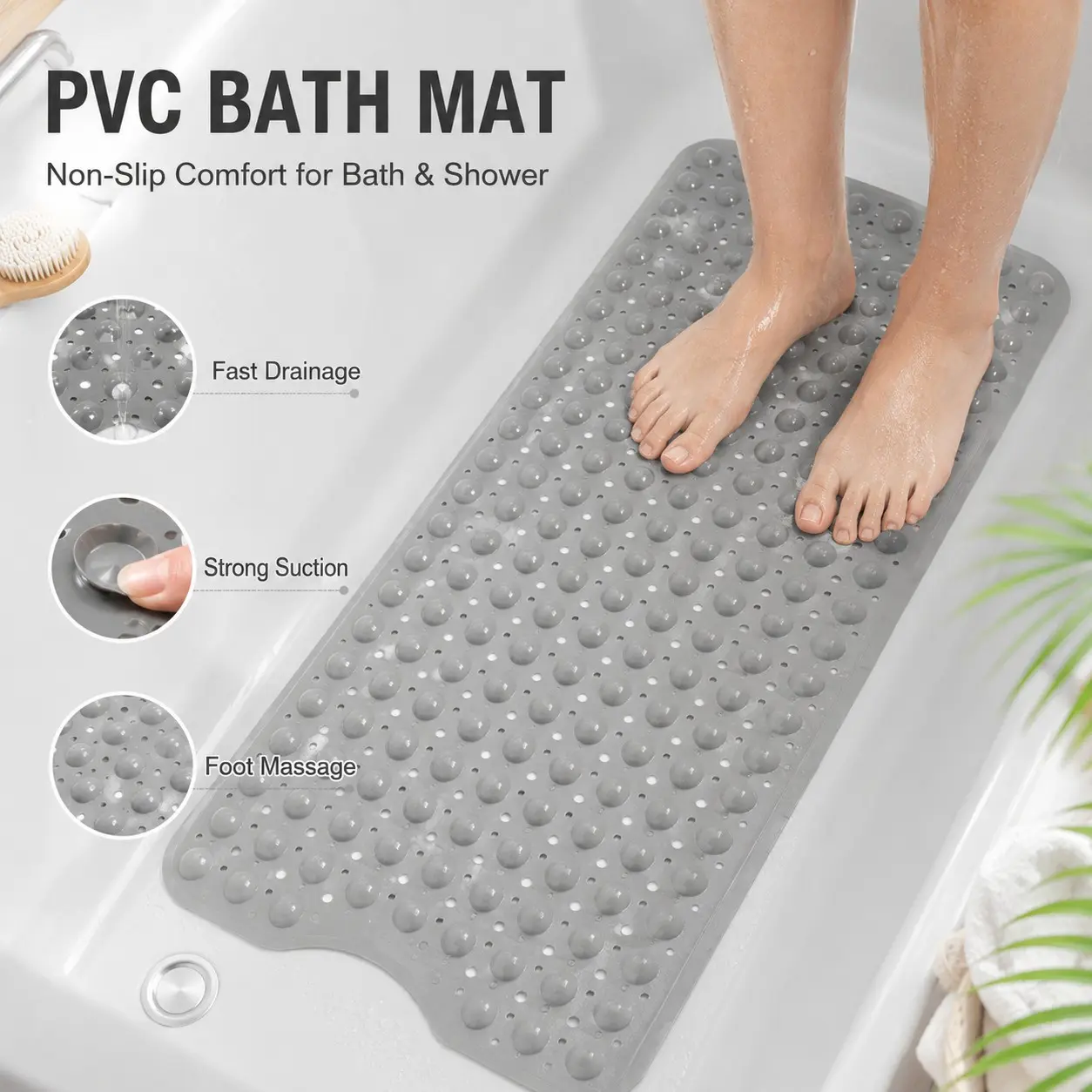Non-Slip Massage Bath Mat, Suction Cup Design, Quick-Dry with Drain Holes, Bubble Texture for Foot Massage, Suitable for Bathtub and Shower