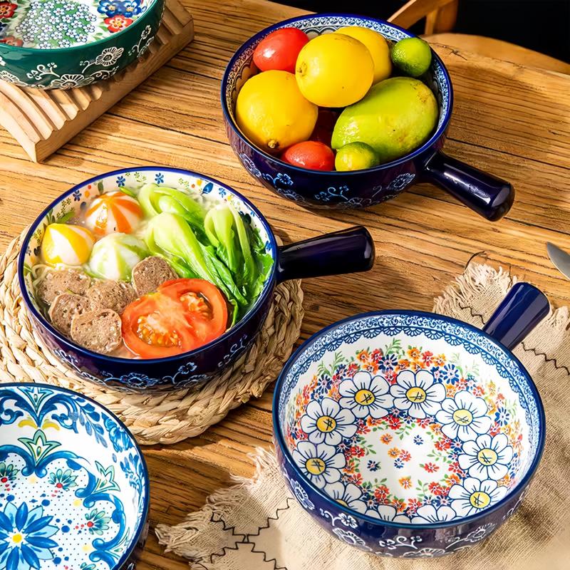 Boho Style Ceramic Salad Serving Bowls with Handle, 2 Counts/set Colorful Flower Pattern Bowl, Microwave & Oven Safe Bowl for Home Baking & Serving, Dinnerware Boho Style Ceramic Salad Serving Bowls with Handle, 2 Counts/set Colorful Flower Pattern Bowl, Microwave & Oven Safe Bowl for Home Baking & Serving, Dinnerware