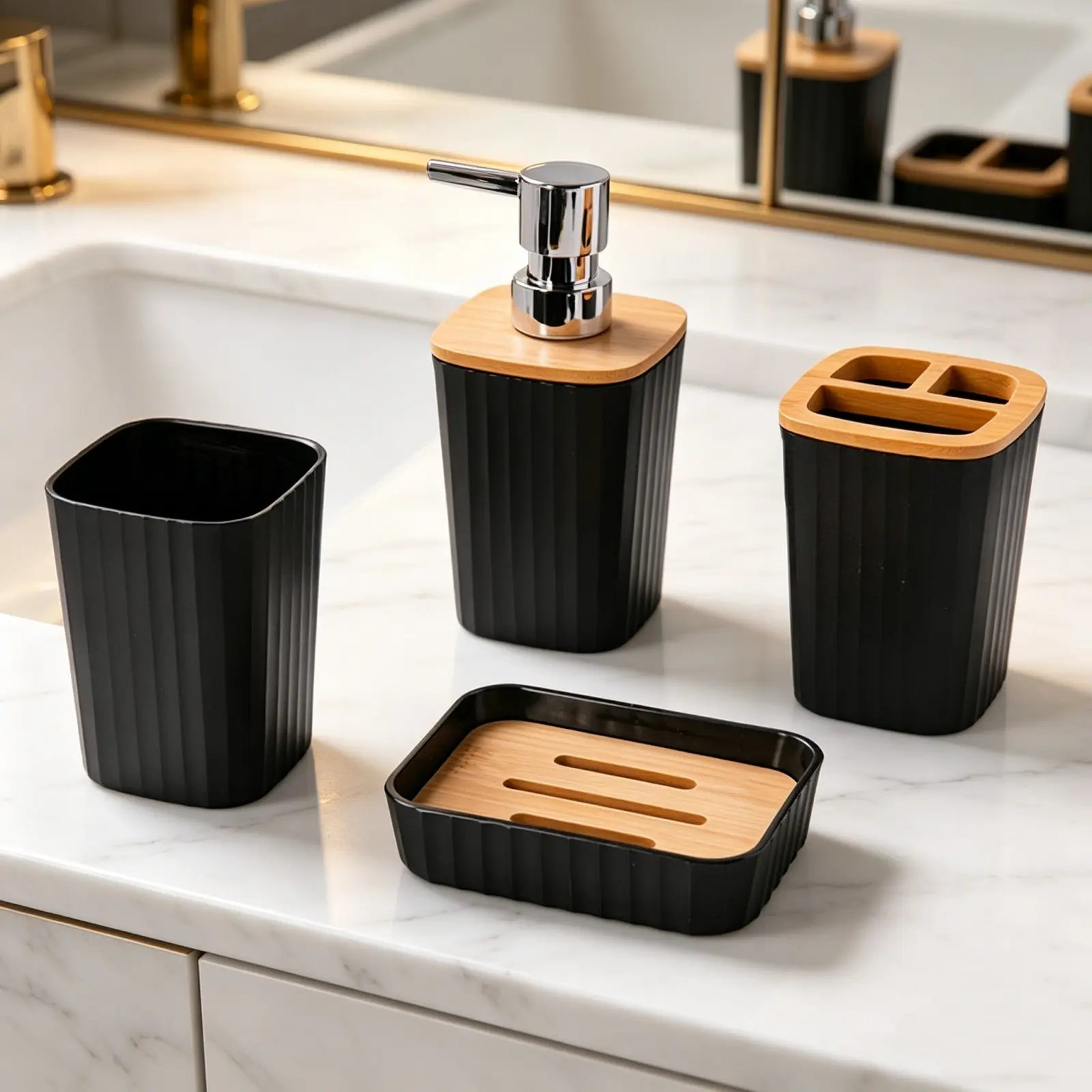 Bathroom 4-Piece Set with Bamboo Lid, Modern Storage Solution, and Colors, Soap Holder, Toothbrush Cup, Liquid Dispenser, Mouthwash Cup