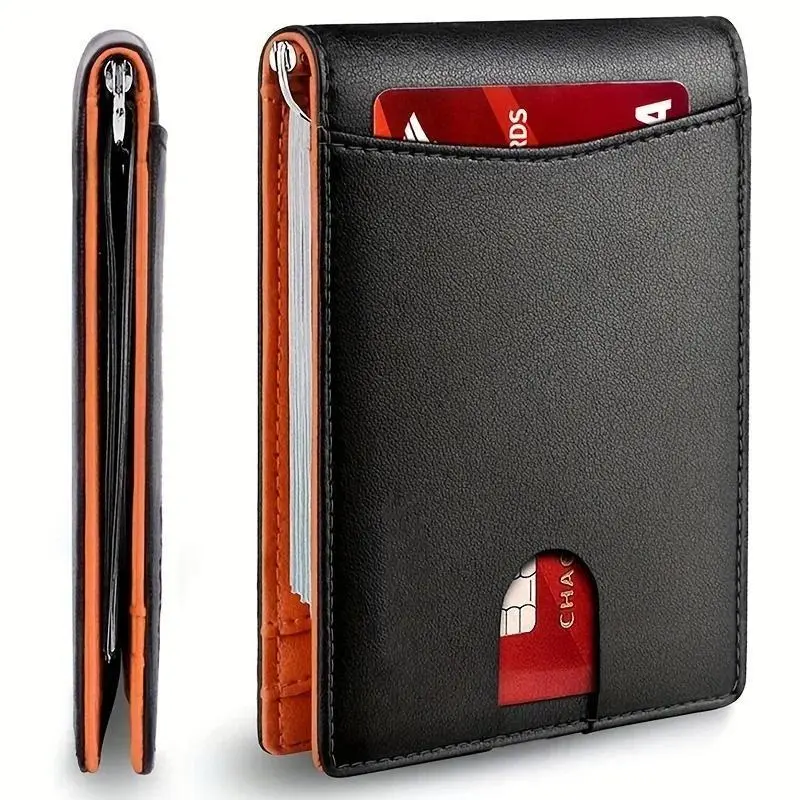 Men's Italian Slim Bifold Color Block RFID Blocking Wallet - Tencel Credit Card Holder with ID Window, Quick Access Card Slots, Zipper Coin Pocket for Work, Travel
