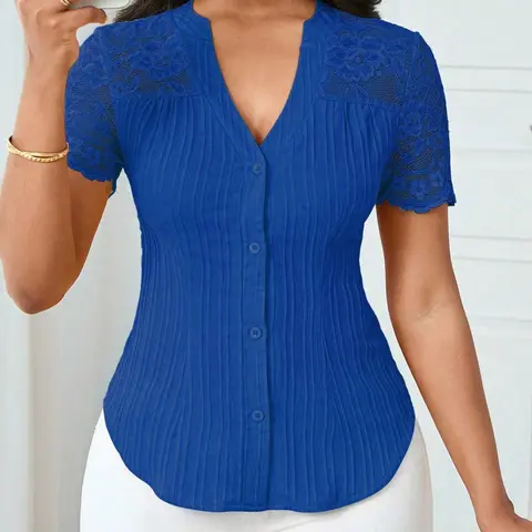 Women's Versatile Vneck Button Solid Color Slim Fit Lace Cut Out Short Sleeve Blouse, Casual Daily Wear, Button Up Shirts
