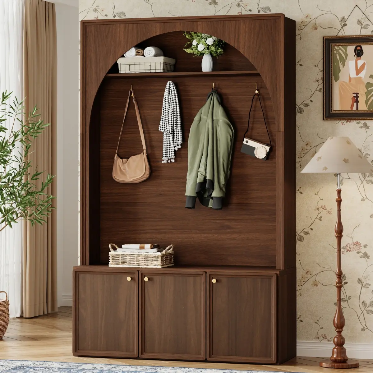 [Bellemave] Farmhouse All-in-One Hall Tree with Adjustable Shelves, Retro Arched Entryway Storage Bench with 3 Cabinets, Wooden Coat Rack Organizer with 4 Golden Hooks for Mudroom, Hallway