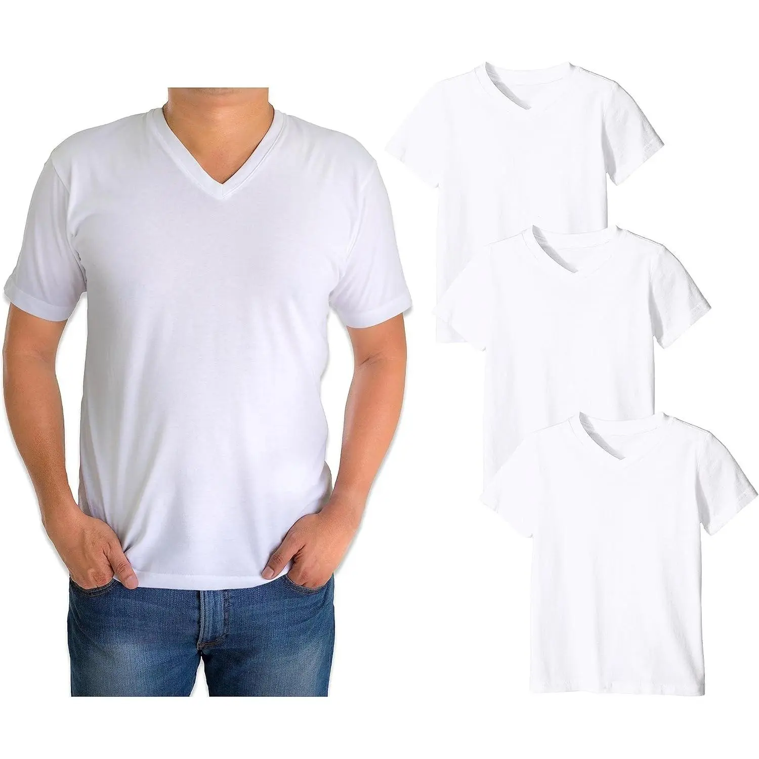 Classic Men's White V-Neck Short Sleeve Undershirts - Multi-Pack Bulk Wholesale T-Shirts(Gift)