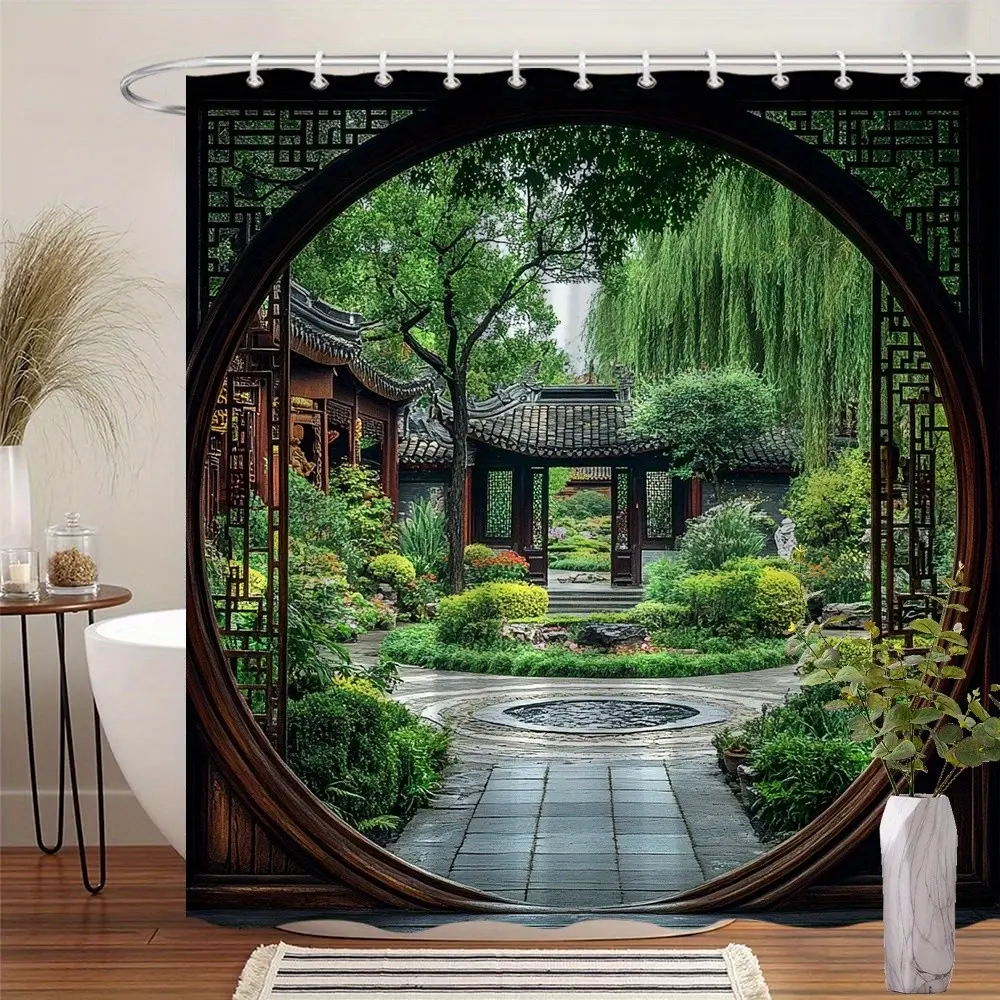 1pc a Round Shower Curtain Featuring a Tranquil Asian Design, Complete with a Stone Fountain, Wooden Pavilion, And Vibrant Greenery. Measuring 70.86 by 70.86 Inches, It Comes with 12 Hooks, Is Made of Machine-Washable Polyester